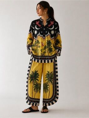 ETHNC Yellow Black Tropical Palm Print Celestial 2 Piece Outfit Set Sz S Boho
